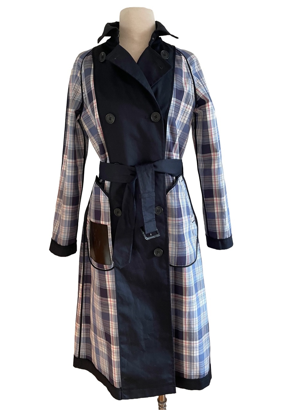 JW ANDERSON UNIQLO Reversible Trench Coat Womens Size XS Navy Blue Check Plaid